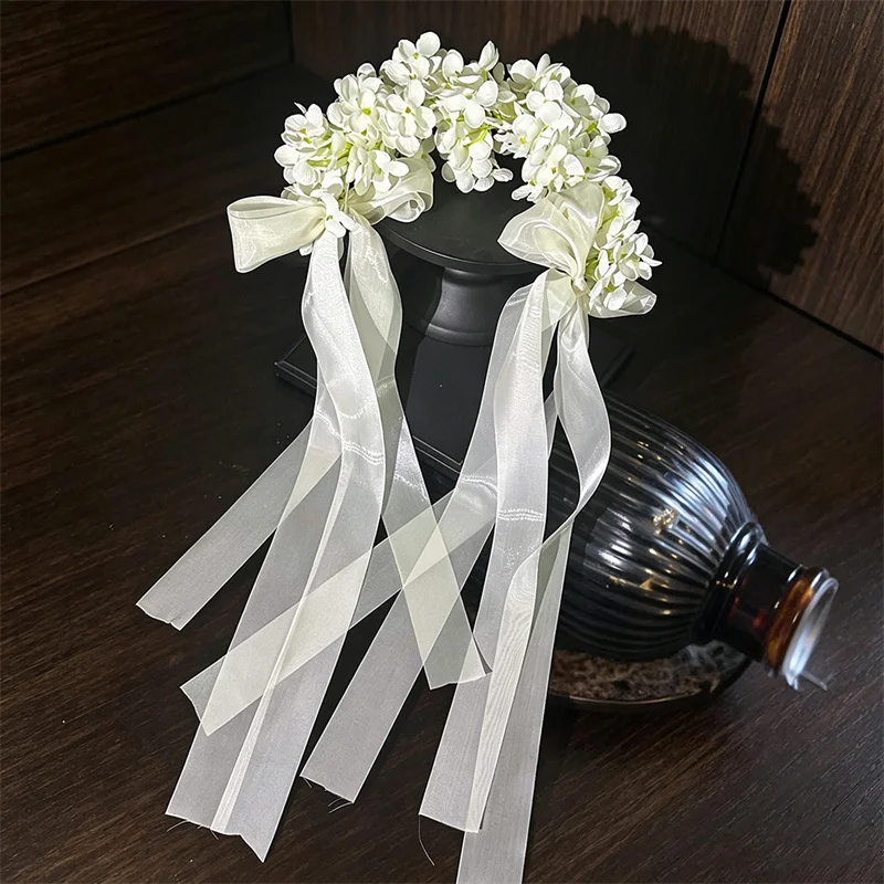 Traumhafter Wald-Braut-Haarschmuck mit Hortensienblüten, Einfaches Weißes Handgefertigtes Stoff-Haarband – Detail 5