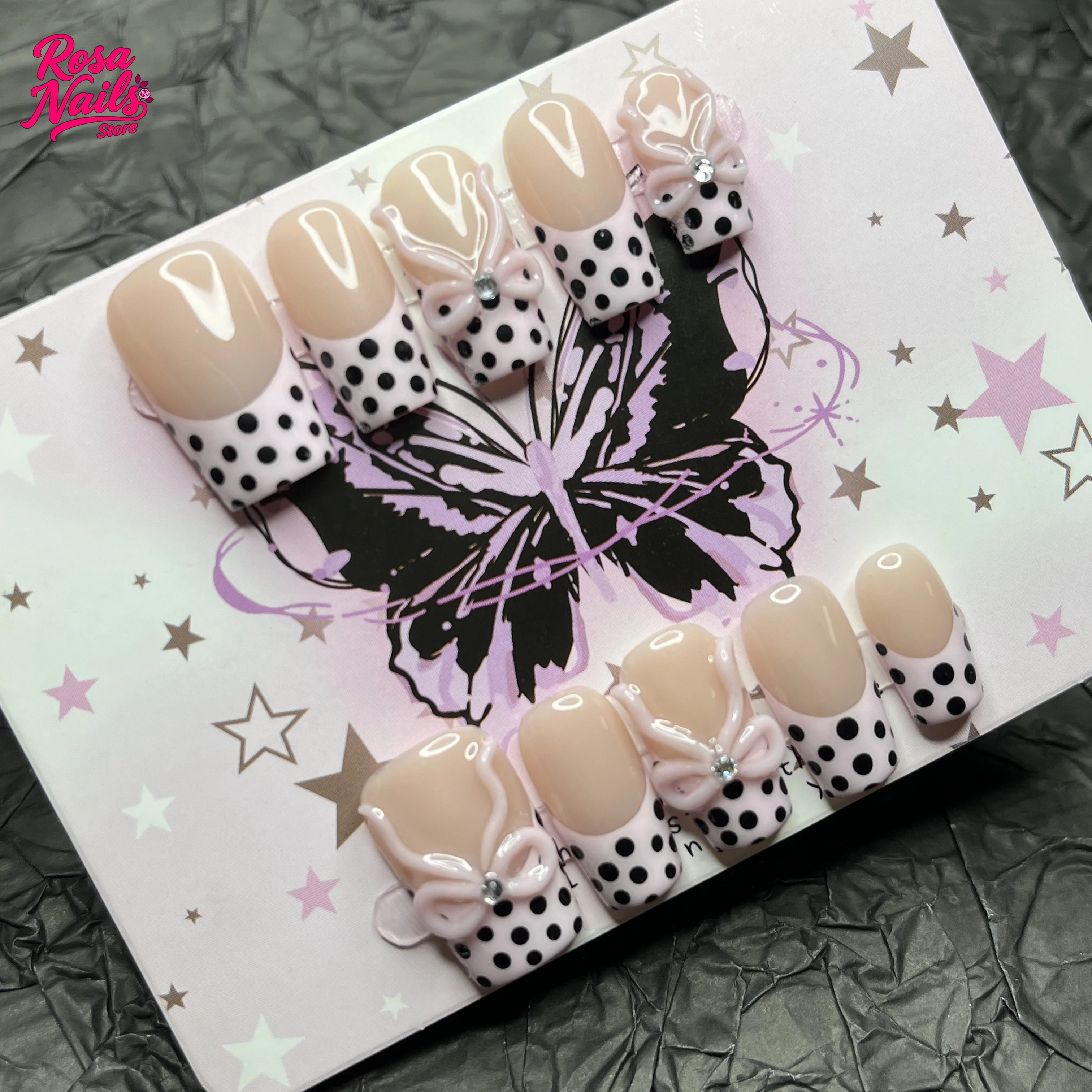 

10pcs Handmade Press on Nails Polka Dots Pink 3D Bow Medium Square Nail Tip Black Polka Dot Pink Bows Press Ons French Tips Nail