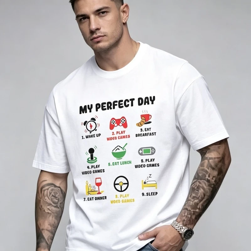Men's T-shirts My Perfect Day Gamer Cool Gamer Video Game Funny T-Shirt Male Tshirts Video Games Play Playing Lover Tops Outfits