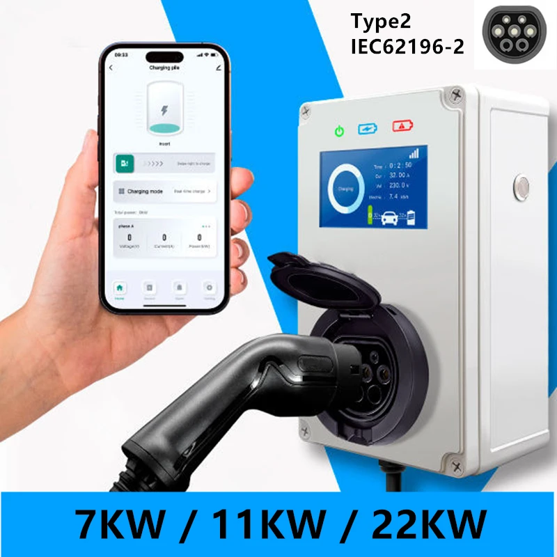 شاحن نوع 2 EV مع شاشة ، محطة شحن ، EVSE Wallbox ، تحكم ذكي في التطبيق ، 47 كيلو وات ، 11 كيلو وات ، 22 كيلو وات ، 3 مراحل