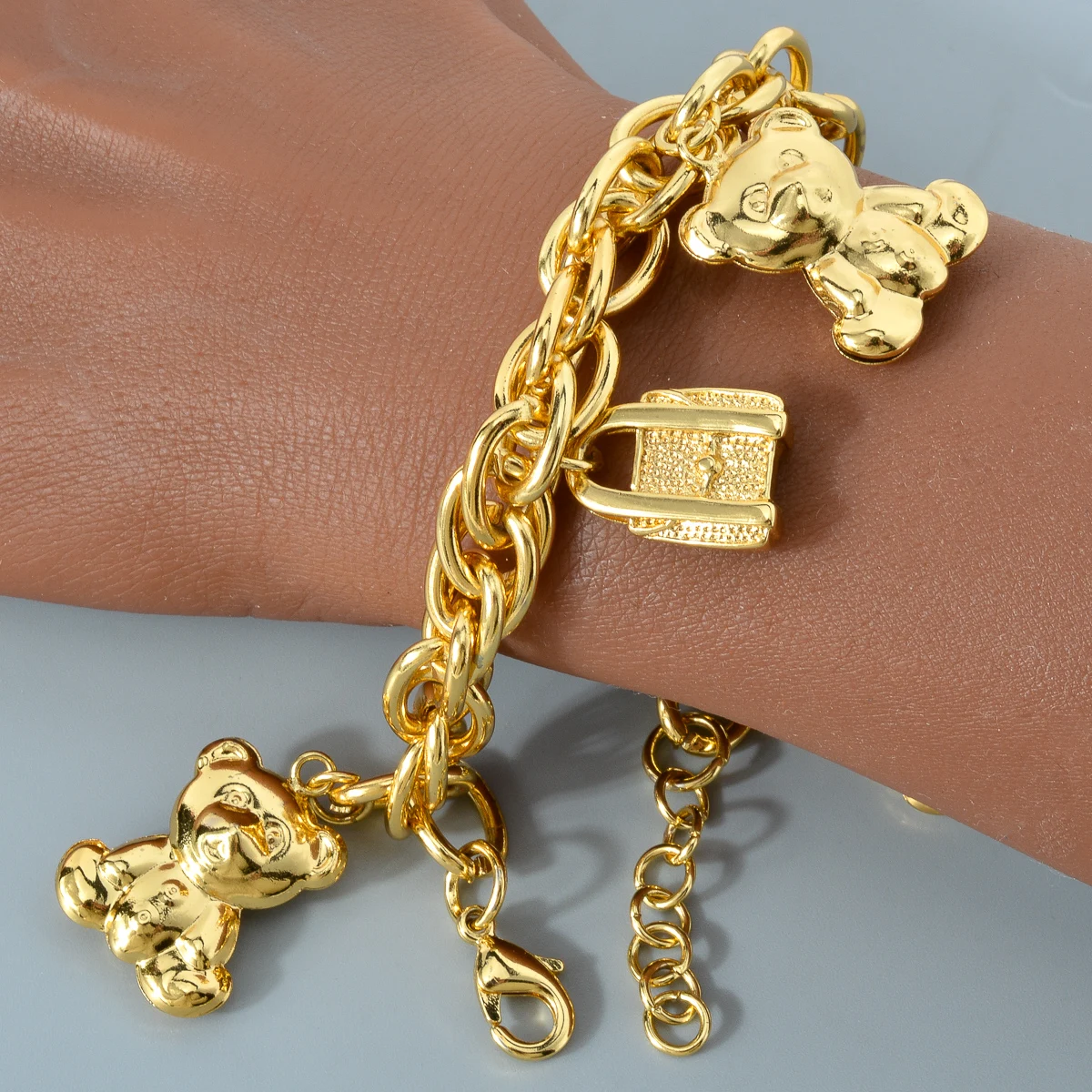 Women Cute Bear Padlock Charm Bracelet Gold Plated Chunky Link Chain Bangle Pendant Classic Statement Jewelry Daily Party Gift