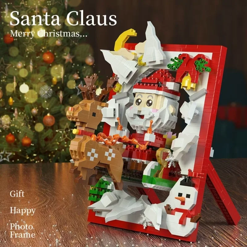 Santa Claus Reindeer Sled 3d Photo Frame Photo Album Micro Particle Assembly Building Blocks Fun Creative  Christmas Gift Toys