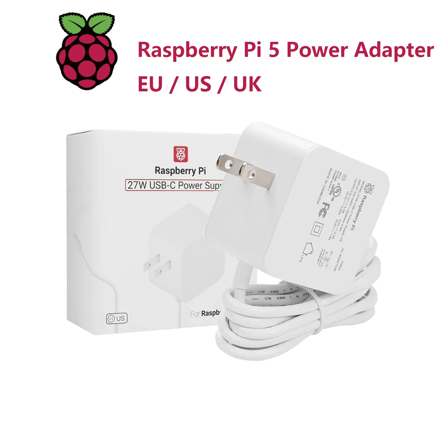 

Raspberry Pi 5 Power Supply Type-C USB-C 5A 27W 1.2M Cable US/EU/UK 100 – 240Vac 9V/3A 12V/2.25A 15V/1.8A for Raspberry Pi 5