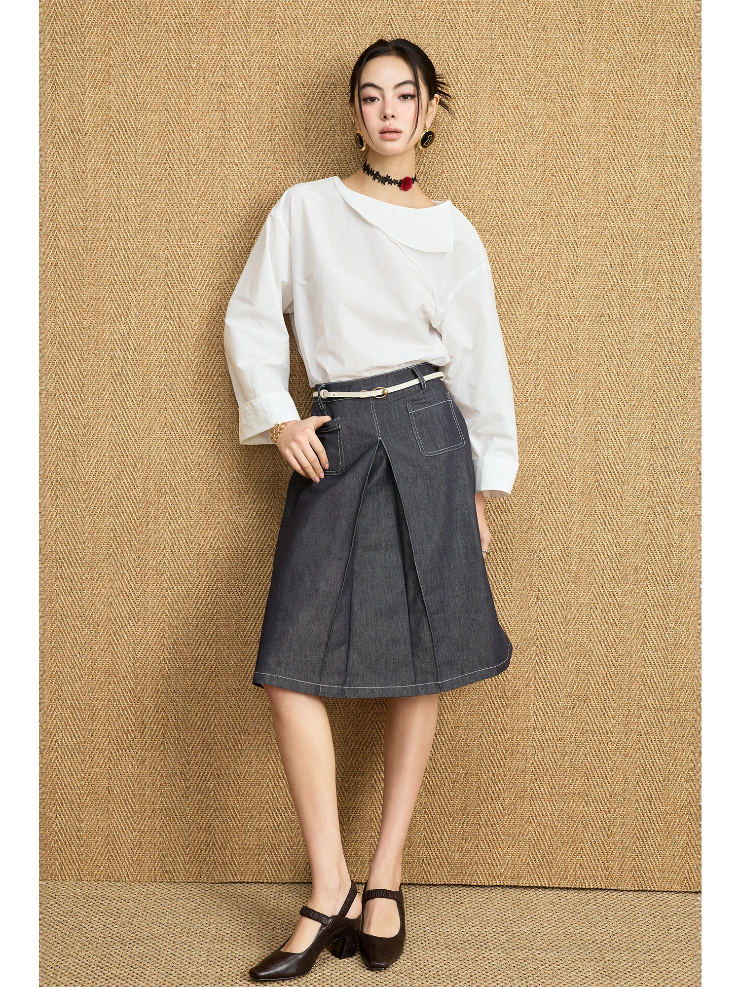 

MIUCO Minimalist Design Boat Neck White Shirt And A-Line Denim Skirt Two-Piece Set Women's Fashion Spring Collection