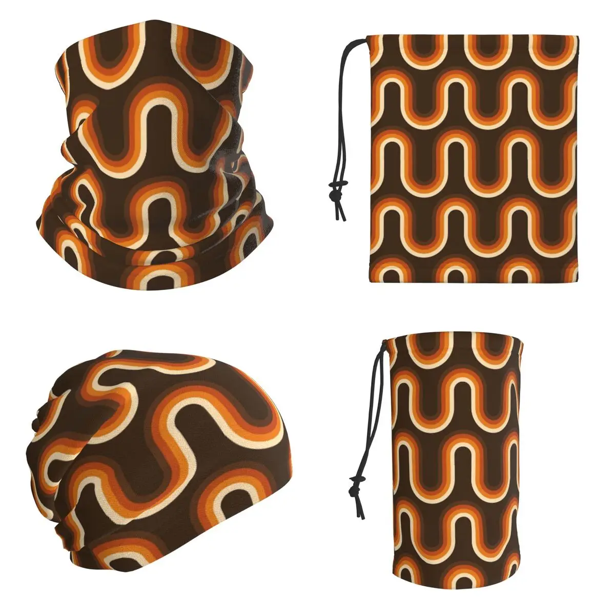 70s Orange And Brown Waves Bandana Neck Cover Printed Face Scarf Multi-use Cycling Scarf Unisex Adult Washable