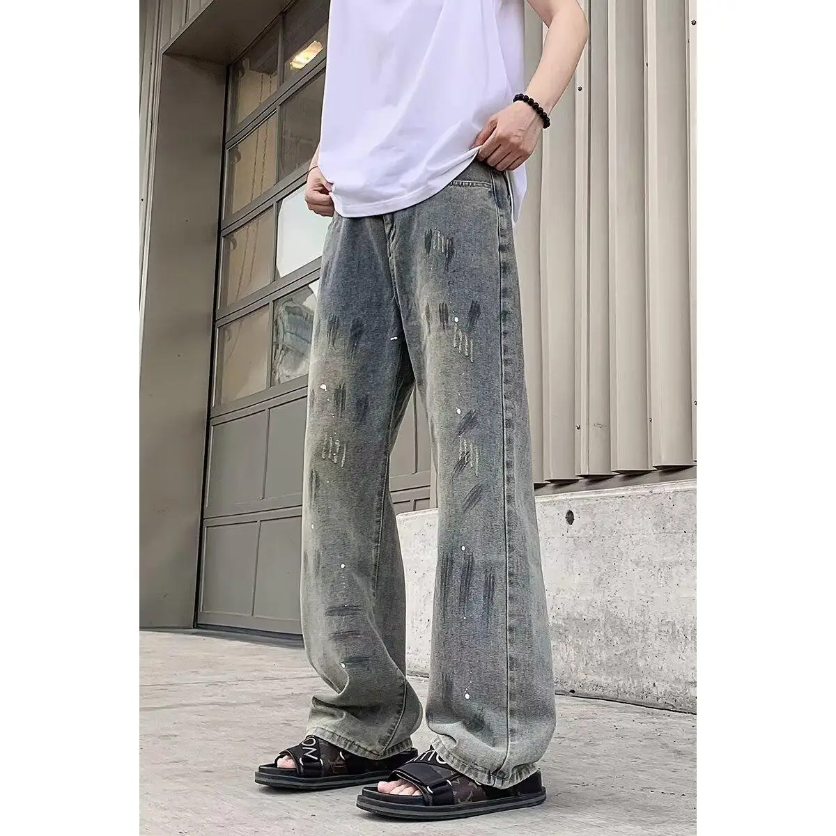 

Мужские джинсы в стиле ретро, американские повседневные, весенние, широкие брюки в уличном стиле, прямые, свободного кроя, с эффектом потертости, для повседневной носки