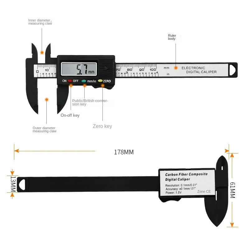 Calibrador Digital electrónico de fibra de carbono, calibrador Vernier de 100mm, Micrómetro de diámetro, herramienta de medición, regla Digital