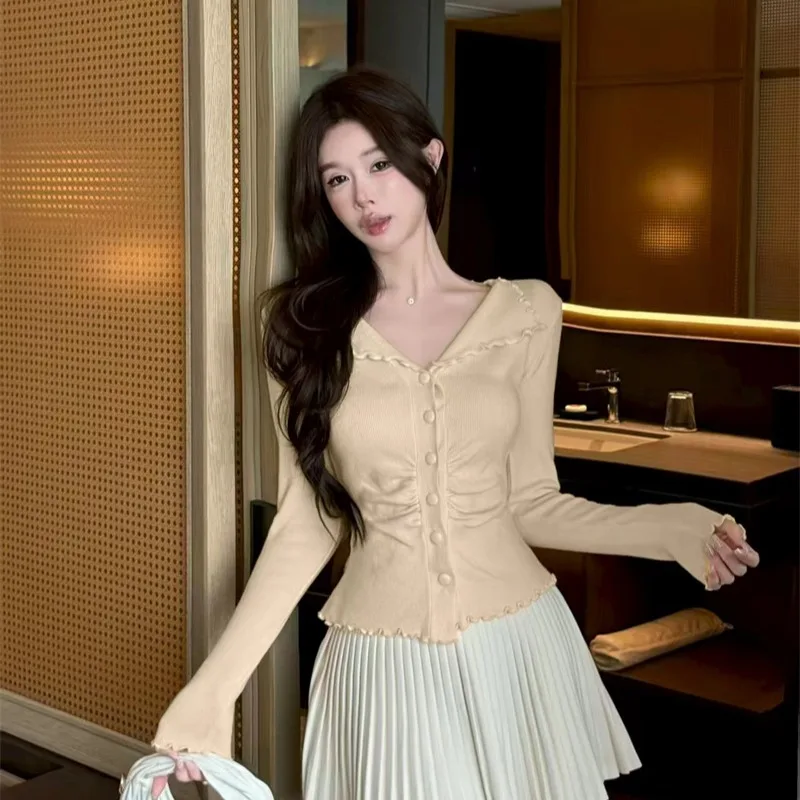 

Slim Fit Long Sve Knitted Cardigan Collar Wood ain Autumn Winter New Sle Slimming Pleated Sweater Women's Faion