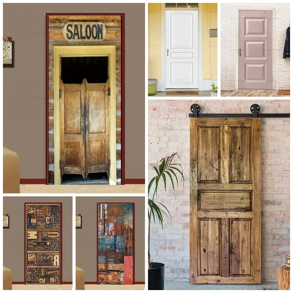 

Retro Wooden Texture Door Mural Decals Vintage Wood Grain Printed Removable PVC Wallpaper Door Poster Home Decorations