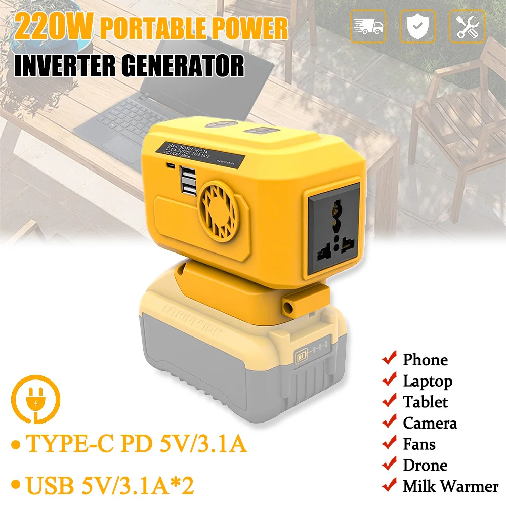 220W Power Inverter Compatible with DeWalt 20V/18V Batteries (Battery Not Included), DC to 110V AC Converter with 1 AC Outlet, USB-C, Dual USB-A & 400LM LED – Outdoor, Camping, Emergency Use