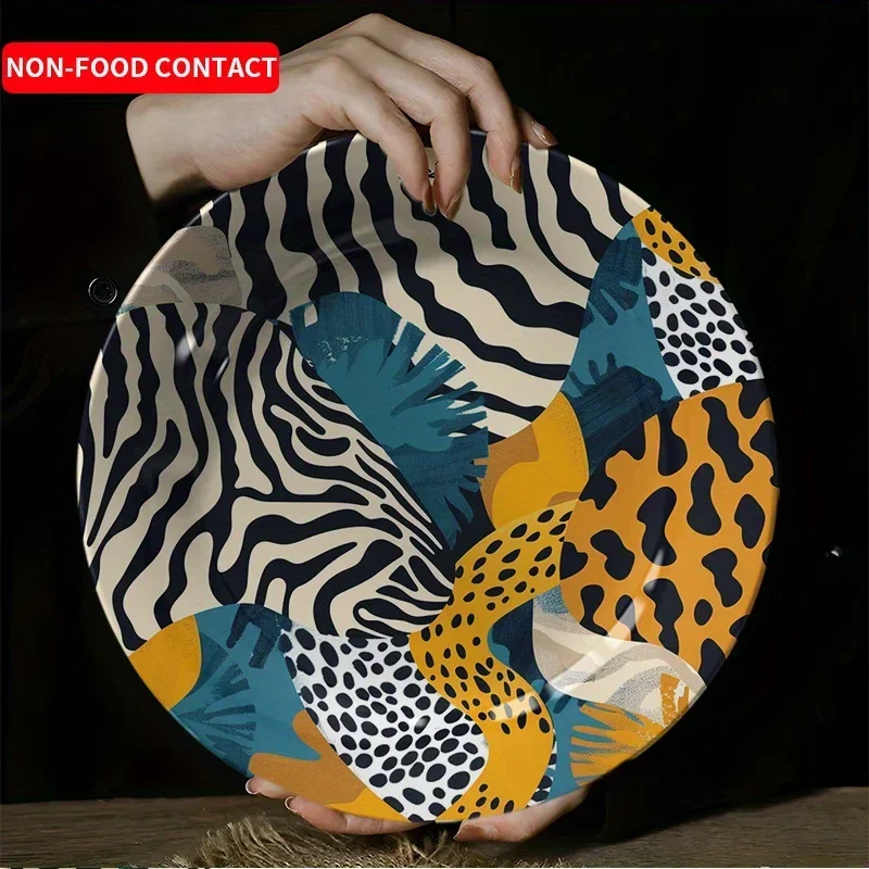 1pc African Wildlife Ceramic Wall Art Plate - Zebra & Leopard Print Round Decorative Plate with Vibrant Colors, Non-Food