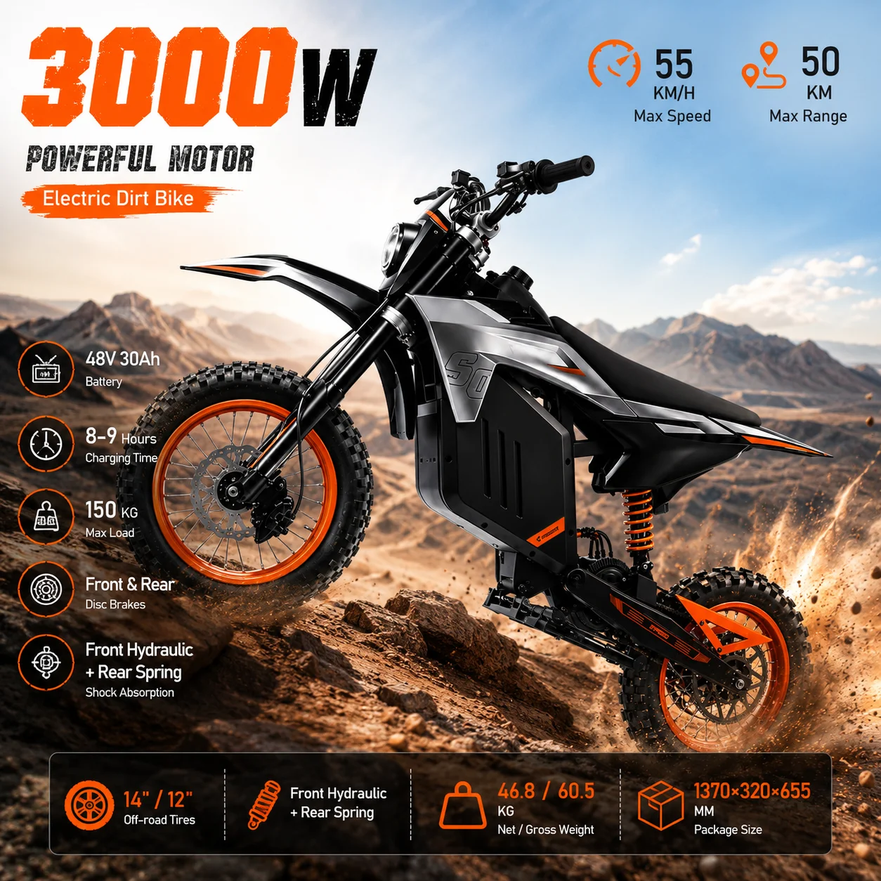 3000W Electric Dirt Bike for Adults, 48V 30Ah High Power Off Road Electric Motorcycle, 55KM/H Max Speed, 50KM Long Range, 14 Inch Front & 12 Inch Rear Pneumatic Tires, Hydraulic Disc Brake, Front Hydraulic Rear Spring Suspension 150KG Max Load
