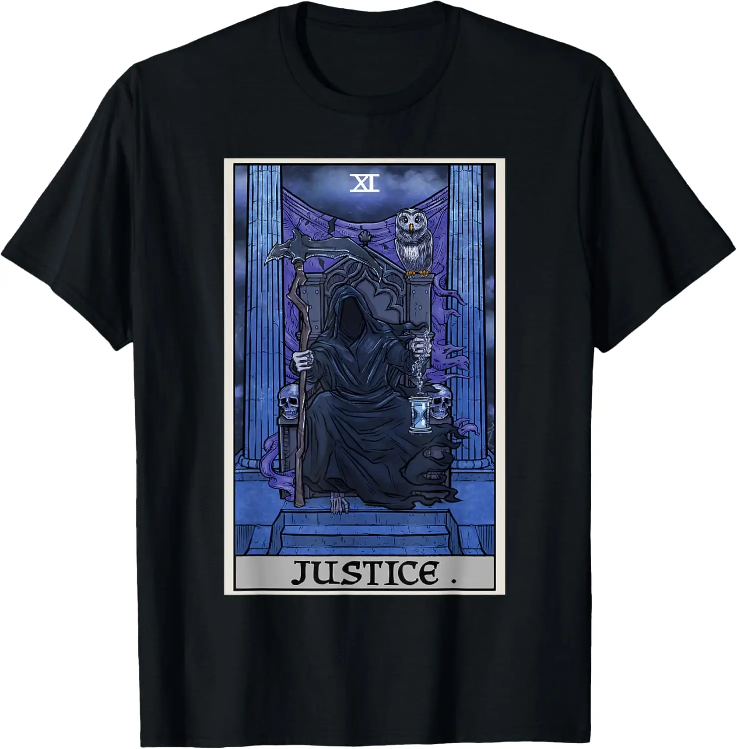 

Justice Tarot Card Grim Reaper Halloween Gothic Witch Horror T-Shirt Men's and women's short-sleeved T-shirts