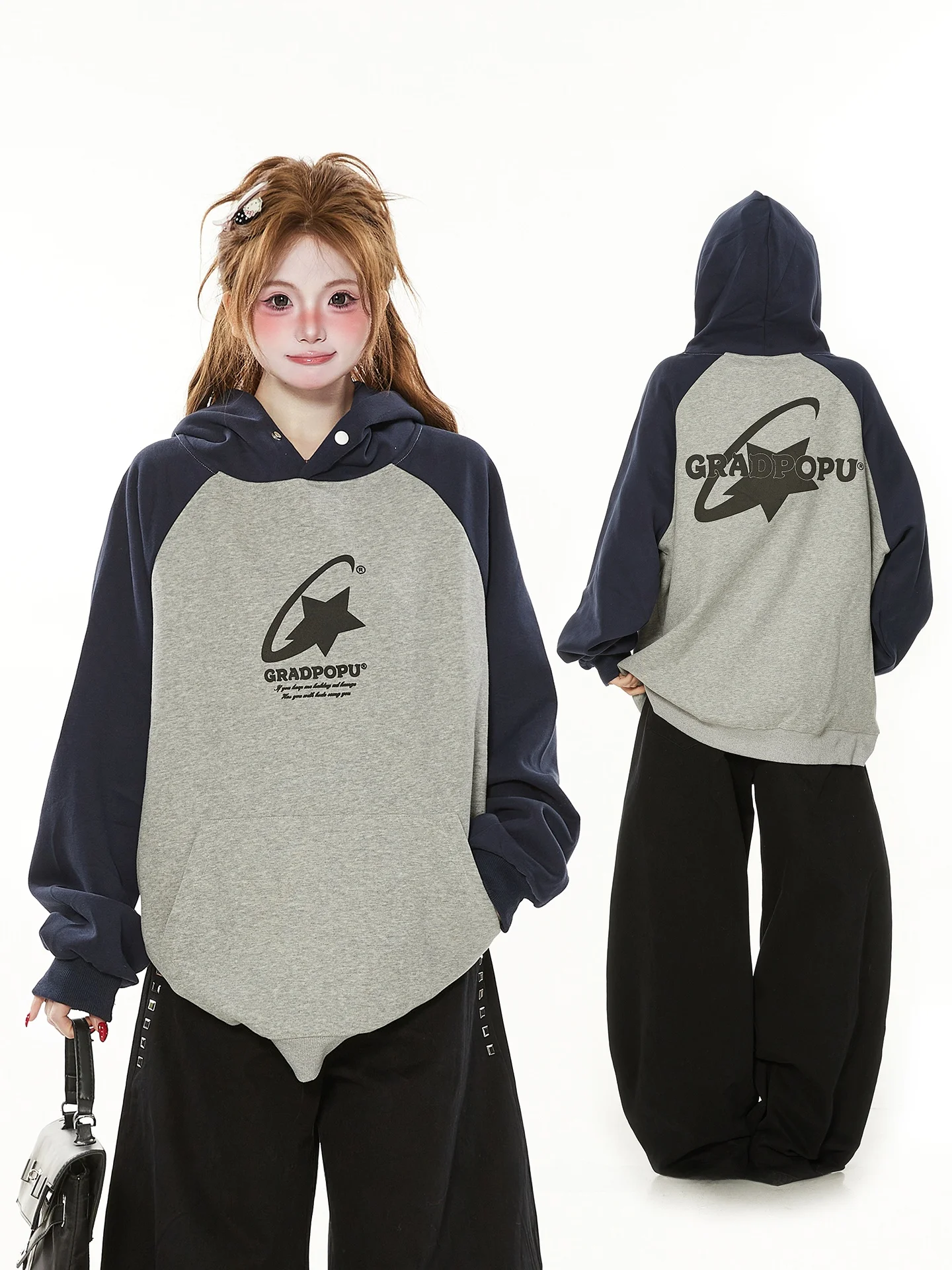 

American Sle Loose Casual Splice oulder Sve Hoodie Women Spring Autumn Thin Design Match All Outerwear Hooded Sweatirt