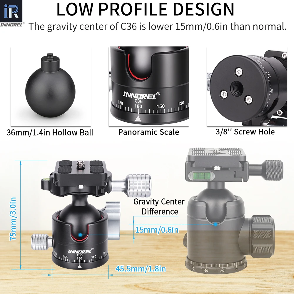 INNOREL C36 رأس كروي منخفض المستوى 36 مم CNC معدني 360 °   رأس حامل ثلاثي القوائم للكاميرا البانورامية للحامل ثلاثي القوائم، Monopod، كاميرات DSLR، كاميرا الفيديو