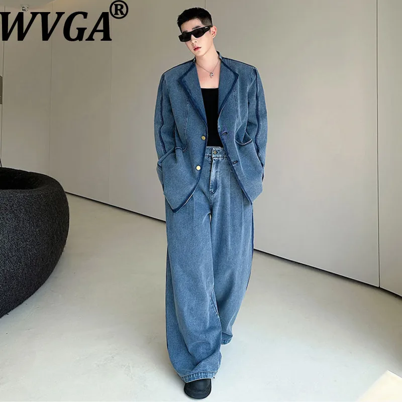 WVGA Spring Autumn New Men Niche Design Heavy Vintage Hand-Painted Washed Denim Jacket Chic Casual Wide-Leg Pants Set Ins W16992