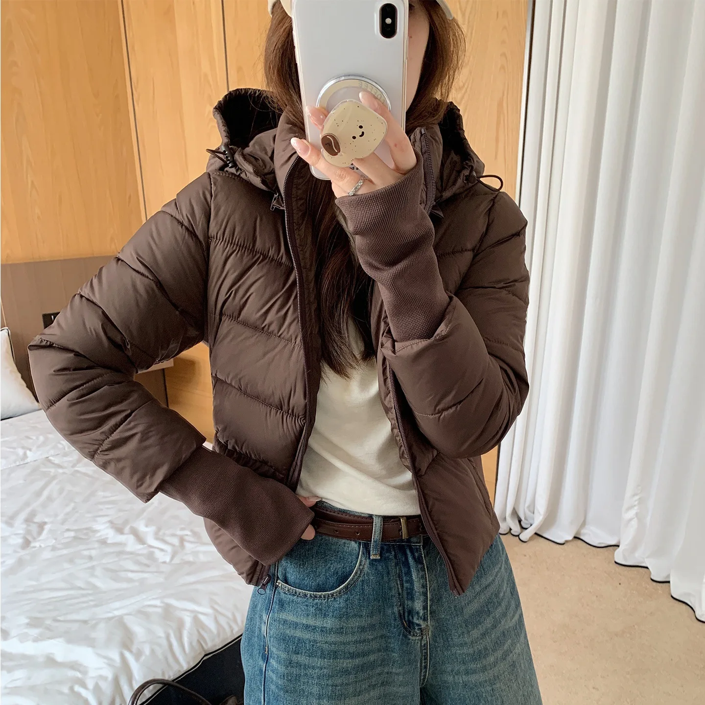 Women Hooded Quilted Puffer Coat Zipper Drawstring Loose Cotton Padded Jackets Winter Outerwear College Style Winter Street