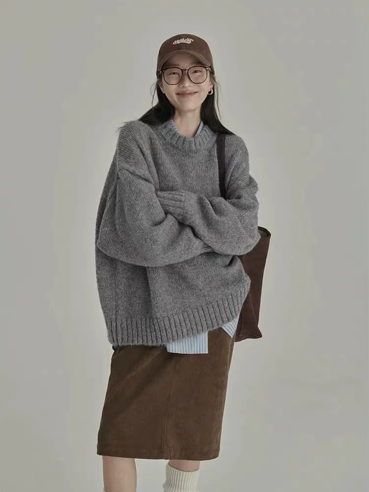 

Женский вязаный свитер из 100% шерсти, повседневный свободный пуловер с круглым вырезом, теплый зимний трикотажный топ