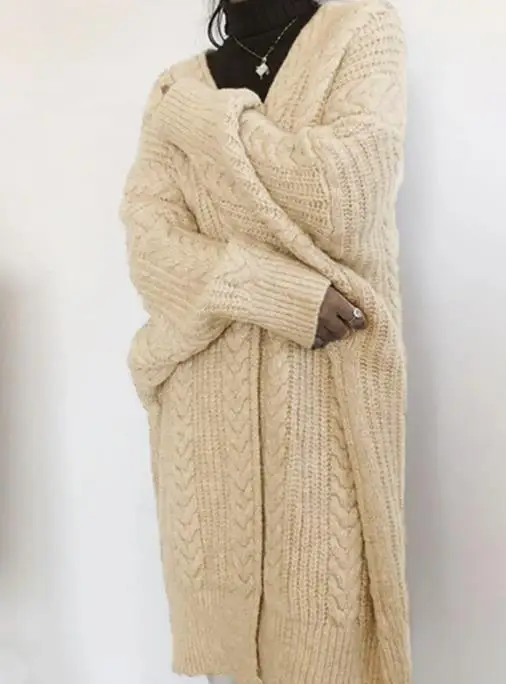 

Autumn and Winter New Mid Length Knitted Cardigan Retro Fashion Twisted Sweater Coat