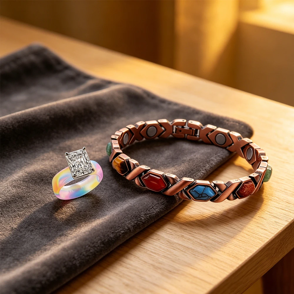 2pc Boho Rainbow Silicone CZ Ring & Copper Healing Crystal Bracelet Set