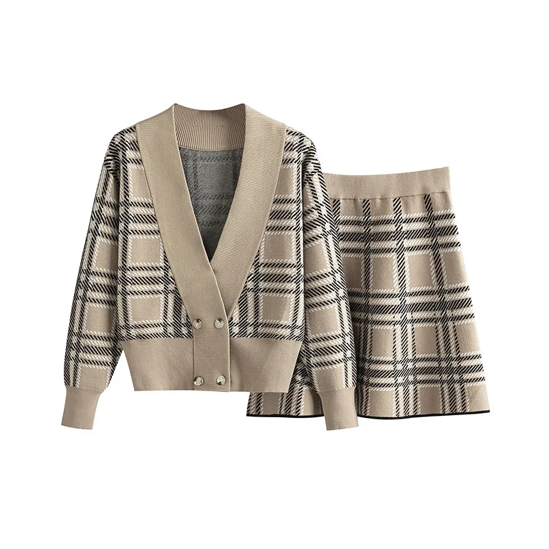 Tesco Khaki Plaid Knitted 2 Piece Sets For Women V-Neck Knitted Sweater Skirt Sets Dress Sets Cardigan Suit Women Clothes