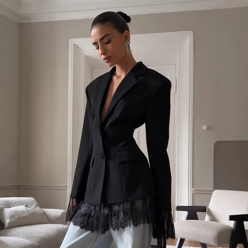 Single Breasted White Suit Coat Notched Collar Lace Patched Blazer Jacket Elegant Casual Offce Lady Slim Short Overcoat for Lady