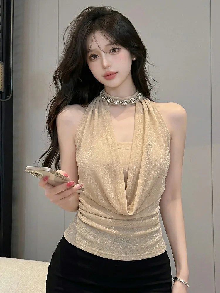 

Sexy Strapless Diamond Embellished Hanging Neck Vest Women's Summer New Folded Waist Top Breathable Skin-friendly Citywalk