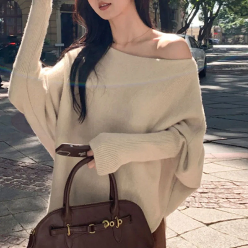 

Knitted Sweater Women Pullovers New Long Sleeve Slash Neck Black Knit Sweater Pullover Women Tops Sweaters Women Clothing Q1440