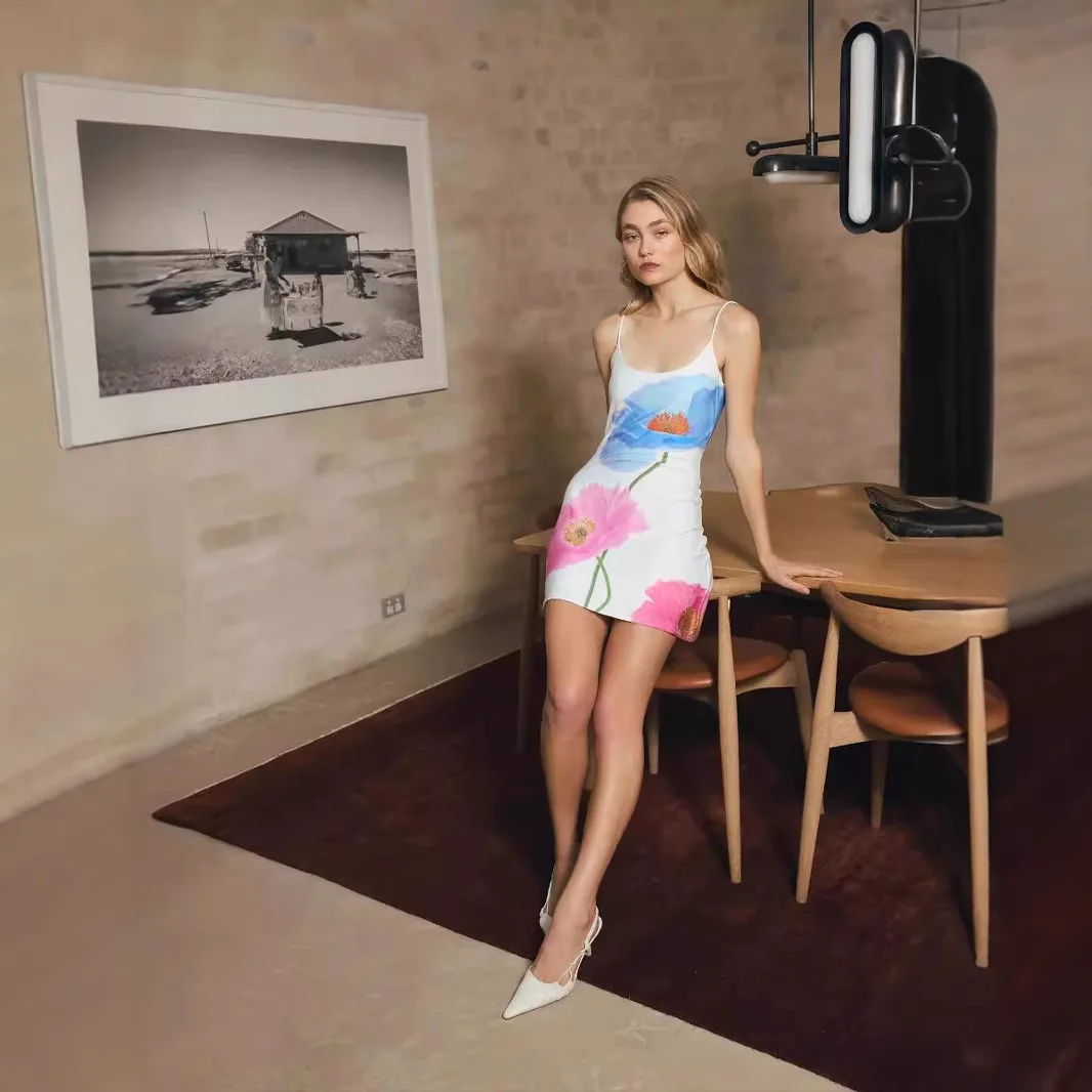 

Small Fresh Women's Clothing Suspender U-neck Backless Slim A-shaped Skirt Flower Print Dress Summer