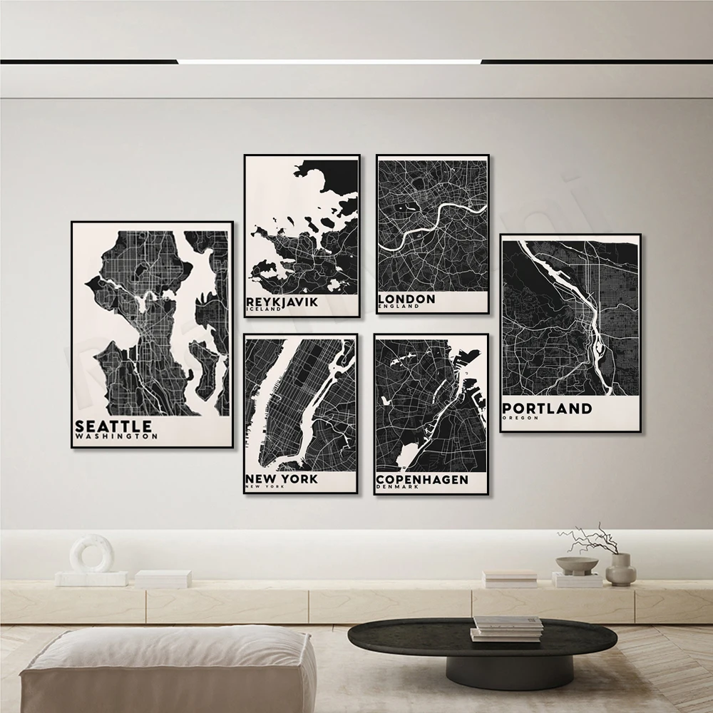 

Copenhagen, Denmark, Rome, Italy, Reykjavik, Iceland, London, UK, New York, NY, Seattle, WA, Portland map, city map poster