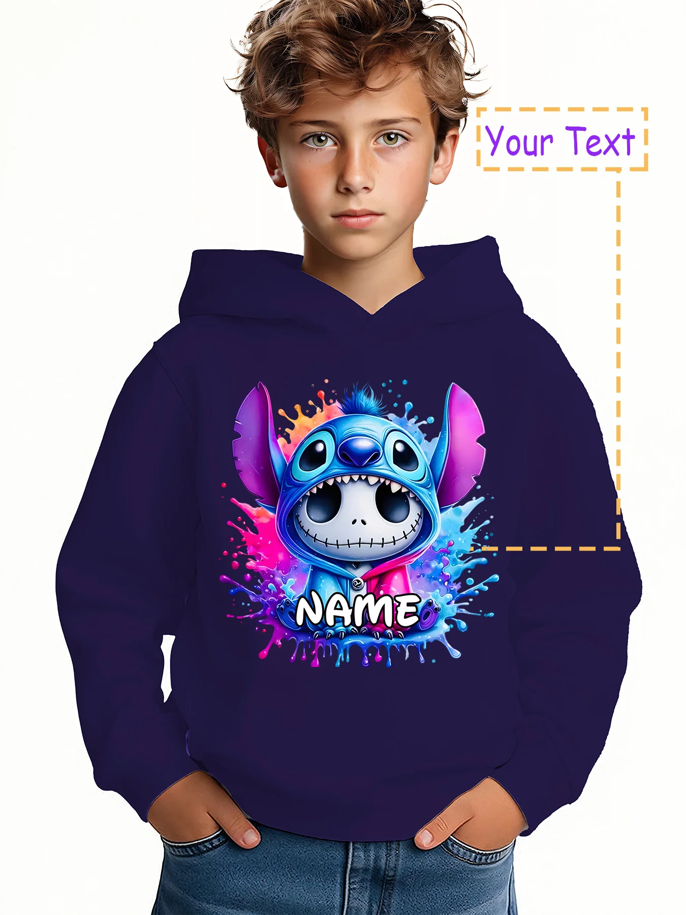 سترة MINISO Trendy Stitch Skeleton Hoodie - تصميم جمجمة عصري من Stitch، قابل للتخصيص مع "الاسم". عناصر ديزني، مثالية للأبد