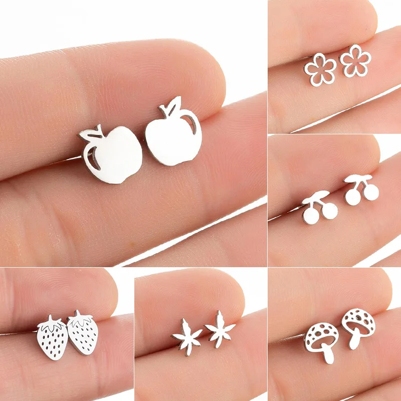 Korean Stainless Steel Mini Stud Earrings for Women Girls Fashion Apple Cherry Mushroom Earings Ear Piercing Jewelry Brincos