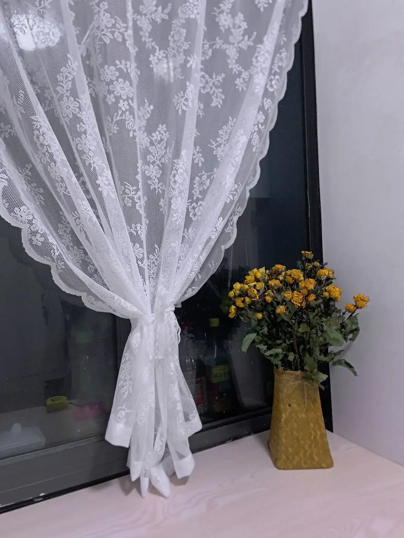 Window Screen Warp Knitted Bed Coffee 1PC Wavy Edges on Both Sides White Lace Curtains for Living Room Bedroom