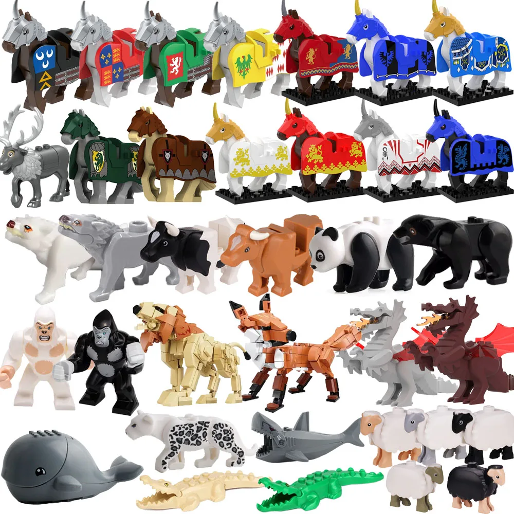 Medieval MOC War Horse Building Blocks Wolf Knight Figure Mount Wild Animal Fox Giraffe Sparrow Crow Panda Model Brick Toy K055