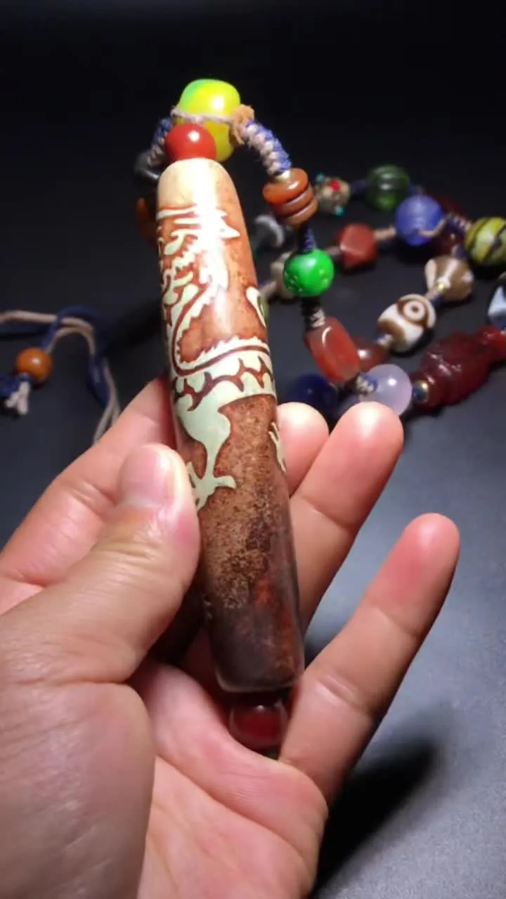 Unique Tibetan Old Agate DZi *Dragon* Amulet Bead Necklace J0408