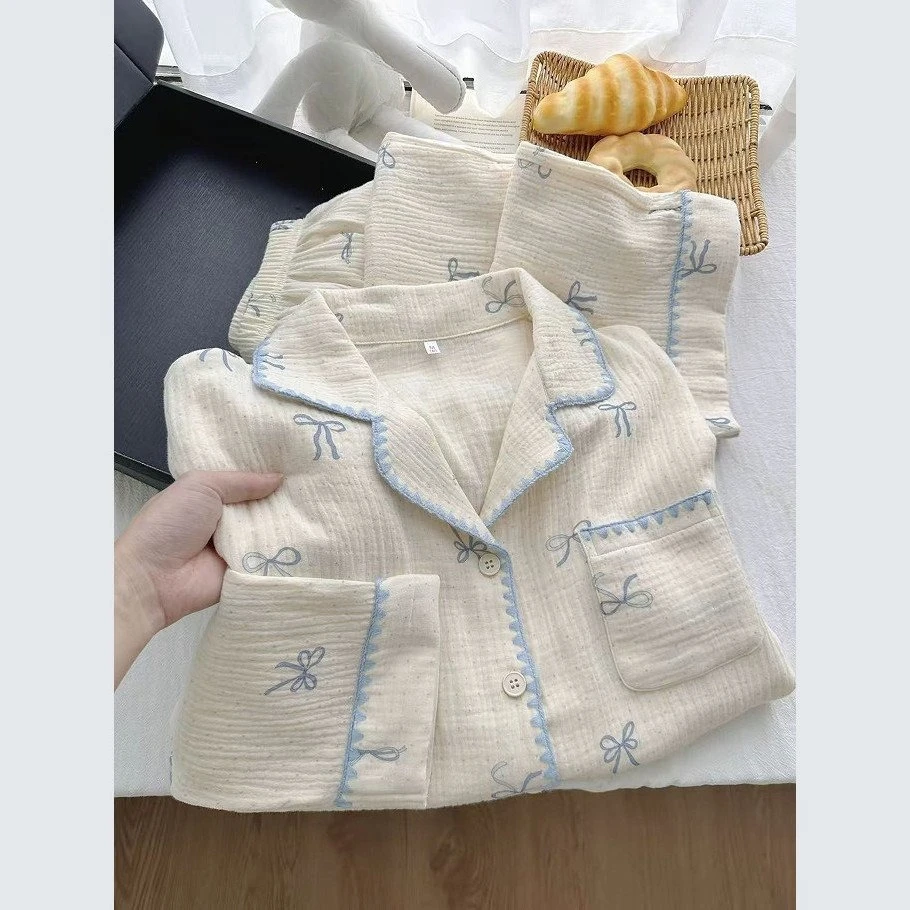 Cloud Cotton Moon Crescent Collar Long Sleeve Pajamas for Women, New Spring and Autumn Style, Cute Bow, Loose and Sweet Set