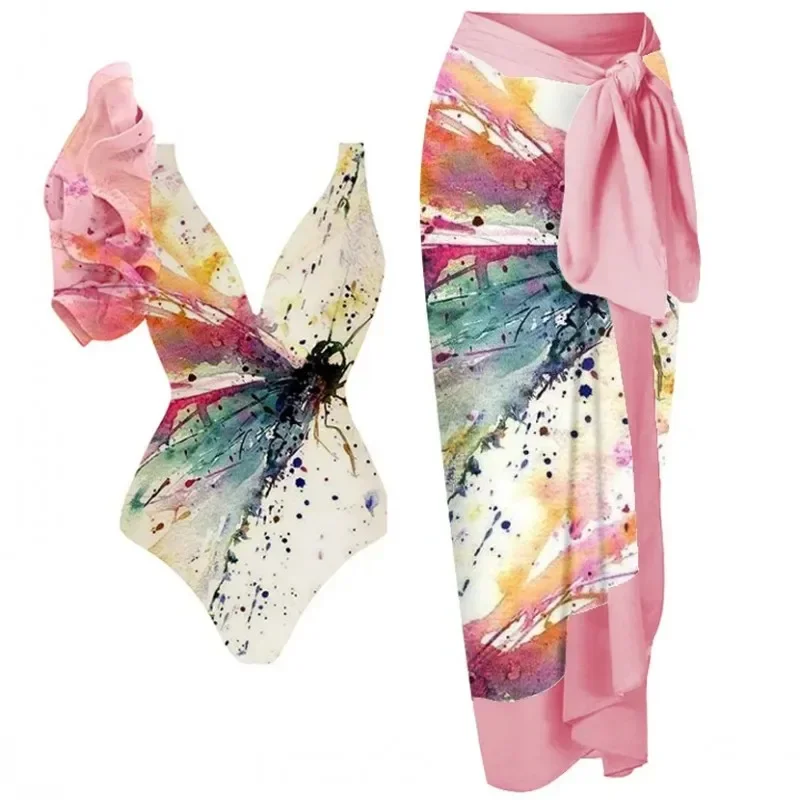 Mode Badmode Vrouwen Met Rok Badpak Zomer Nieuwe Ruches Splice Print Strandkleding Vakantie Bikini Cover-Ups Outfits