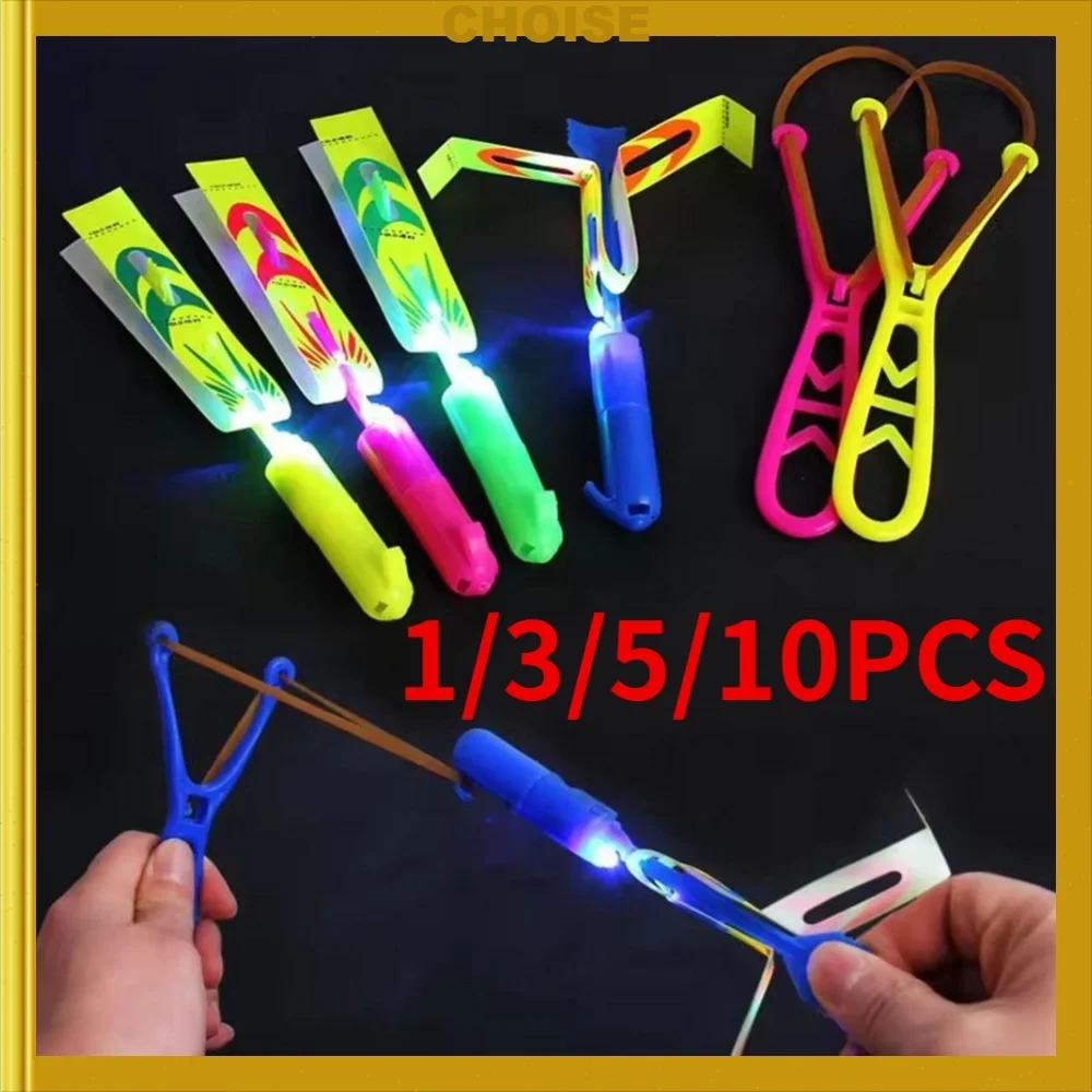 1-10PCS Random Color LED Slingshot Flying Copters Light-Up Arrow Rocket Toys, Outdoor Party Favors Glow in The Dark Helicopters