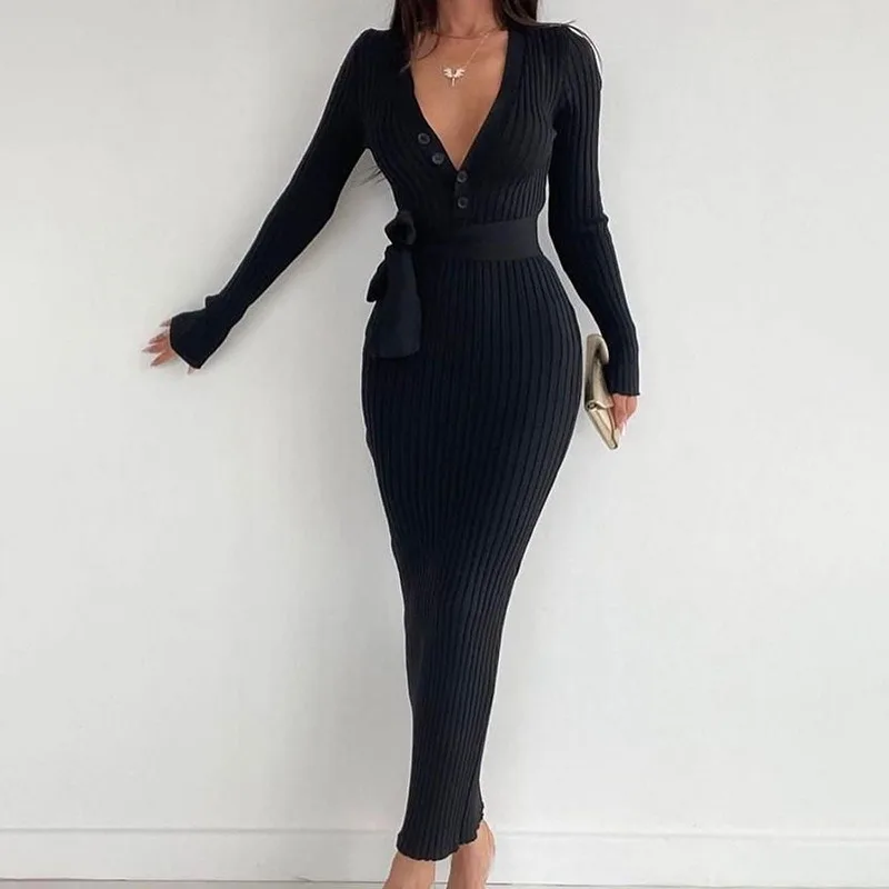 

Spring Women's Waist Tied Button Knitted Long Sleeve Lace Up Elegant Dress Temperament Commuting Female Fashion Skinny Dresses