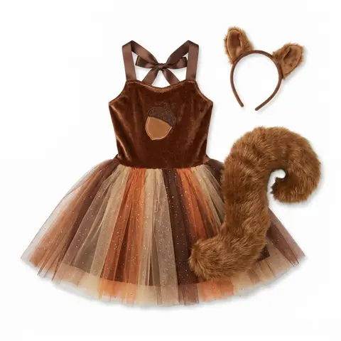 Squirrel Animal Costume Set For Kids Theme Party Dress Up Stage Performance Mascot Outfit With Headband Tail And Skirt