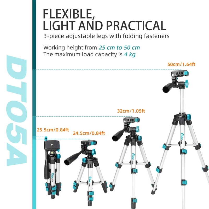 Decteam 0.5M/1.64Ft Tripod For Laser Level,Phone, Camera,Aluminum Stand Base With 1/4''-20 Screw Mount Pan Construction Tool