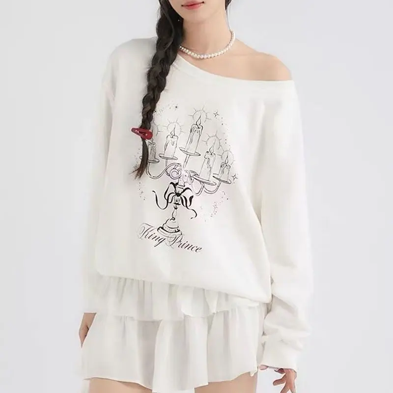 American Retro Printed Sweatshirts Women's Clothing Skew Collar Spring Autumn Stylish Off Shoulder Casual Long Sleeve Hoodies