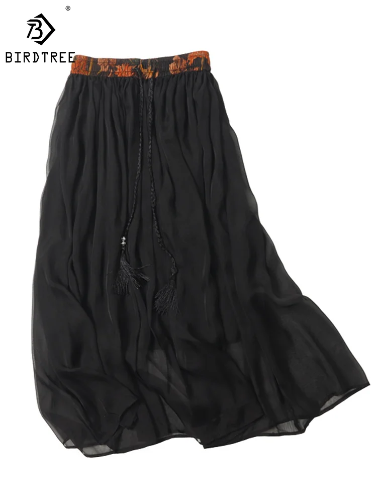 

Birdtree 100%Mulberry Silk Elastic Waist Skirts Retro Watered Gauze For Women Elegant Skirt New Spring Summer Autumn D38601QM