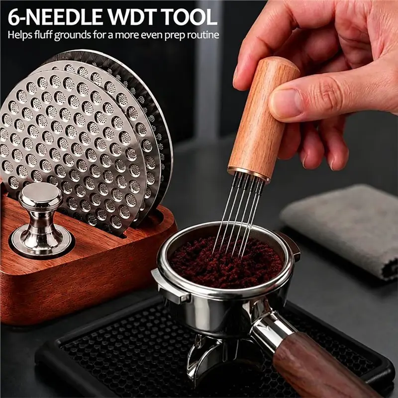 AWAH 7 In 1 53.3Mm Espresso Puck Screen Kit With Wooden Stand & Magnetic Pickup Reusable 304 Stainless Steel Coffee Filter