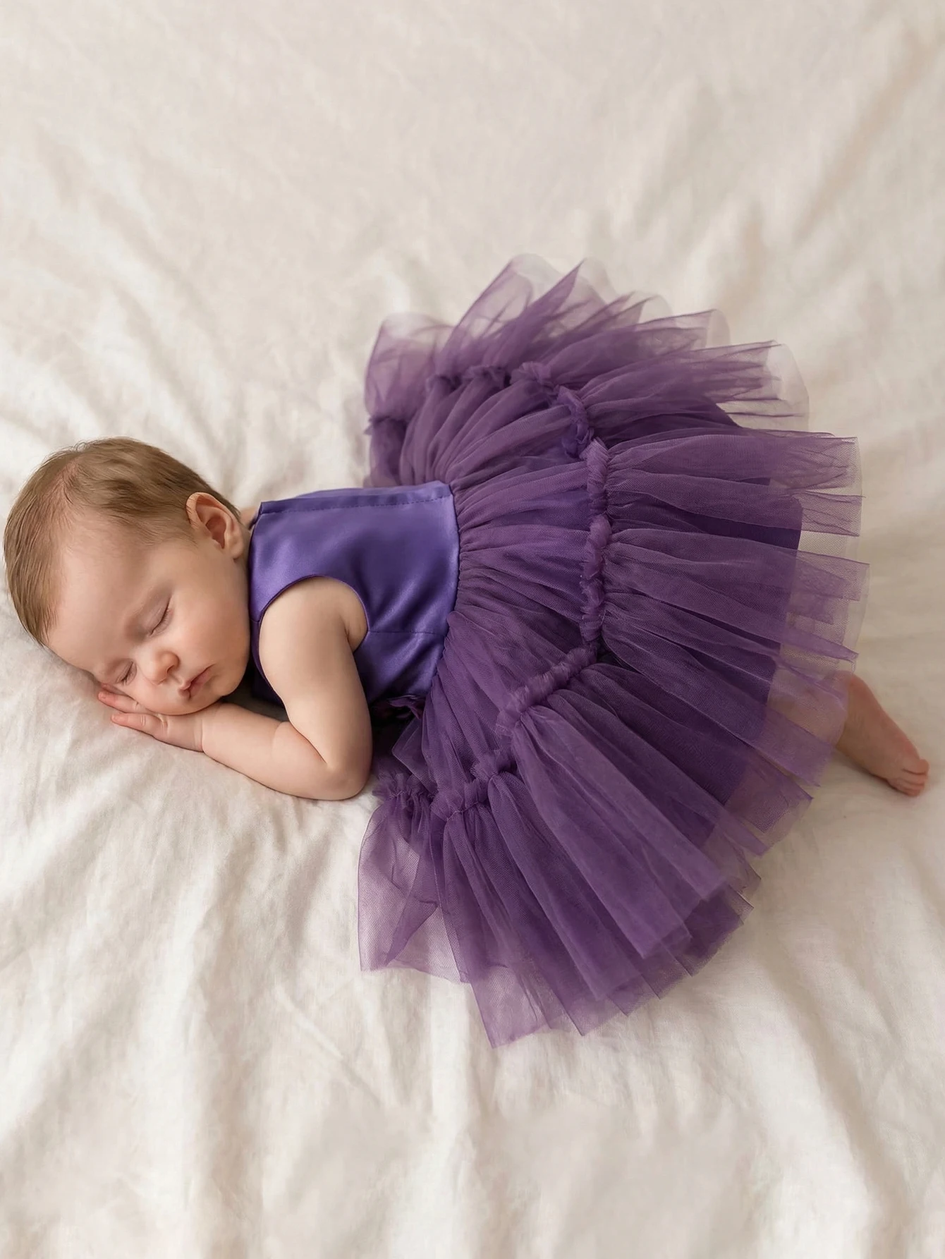 Baby Girl Purple Princess-Style Dress for Girls Aged 0–2 Years Layered Tulle Tutu Skirt,Delicately Spliced Mesh Accents,Banquets
