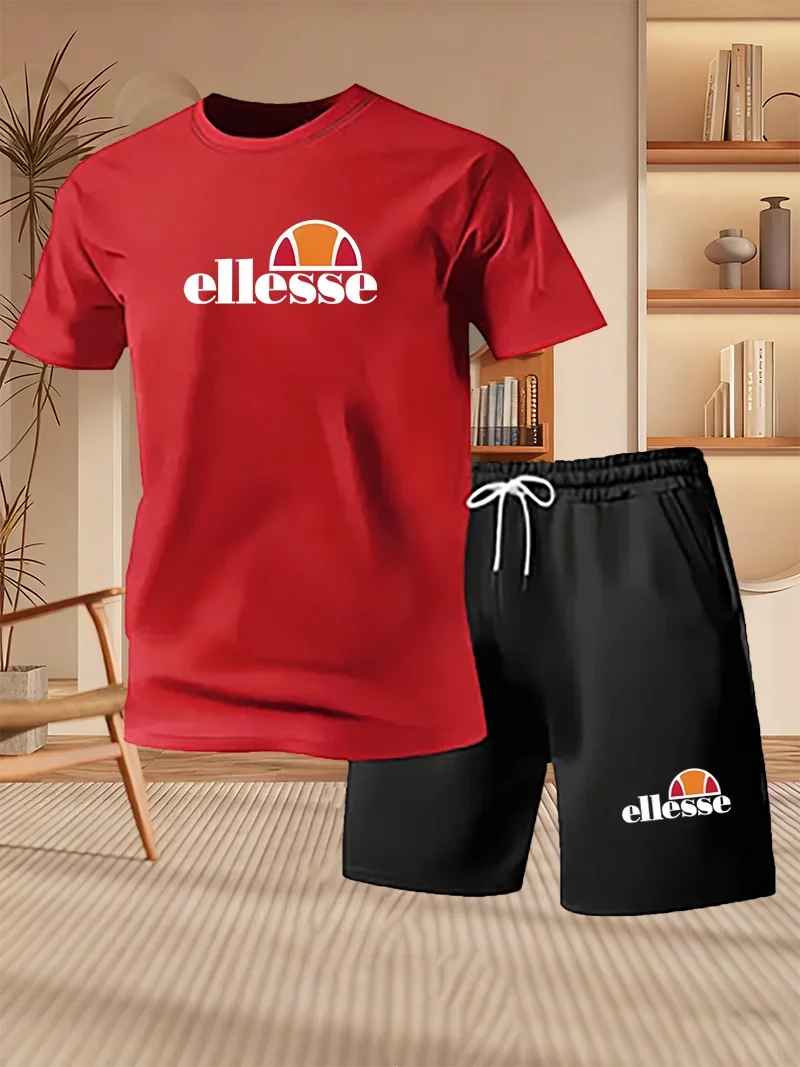 2026 Summer New Men's Fashion Outdoor Sports Set Printed Short Sleeve T-shirt+Shorts Loose Home Leisure Two Piece Set image 5