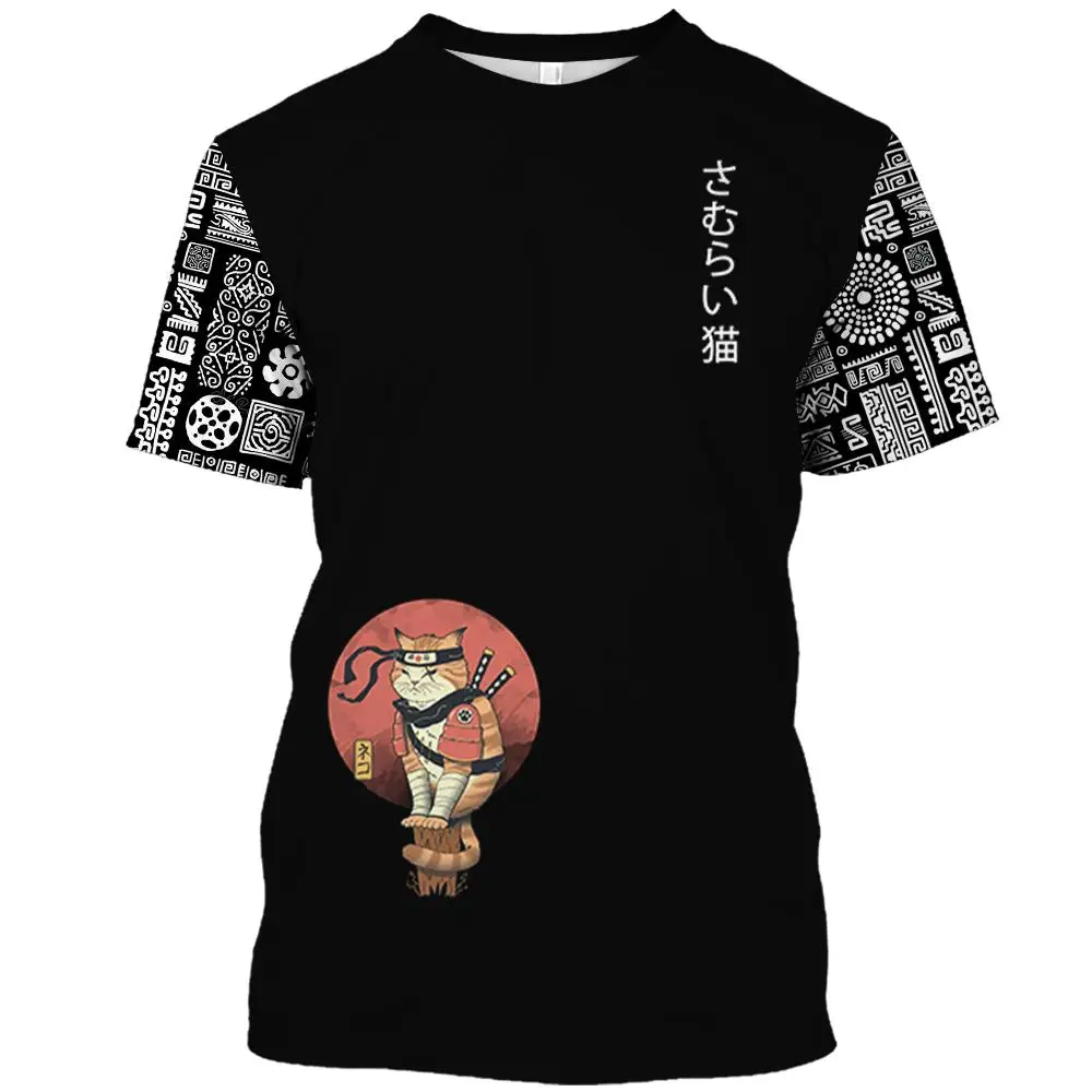 Cartoon Anime Samurai Cat Printed T Shirt For Men Outdoor Hip Hop Harajuku Vintage Clothes Casual O-neck Loose Short Sleeve Tees