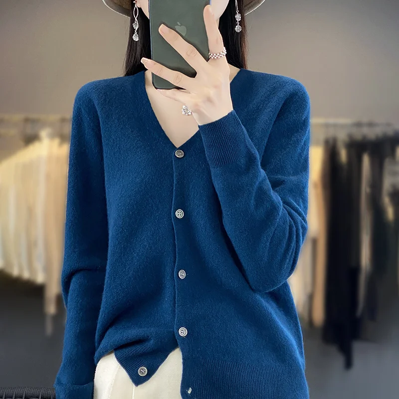 Spring Autumn V-Neck Wool Knitted Cardigan Women's Loose Large Size Soft Sweater All-Match Jacket Pure Color Basic Ladies Blouse