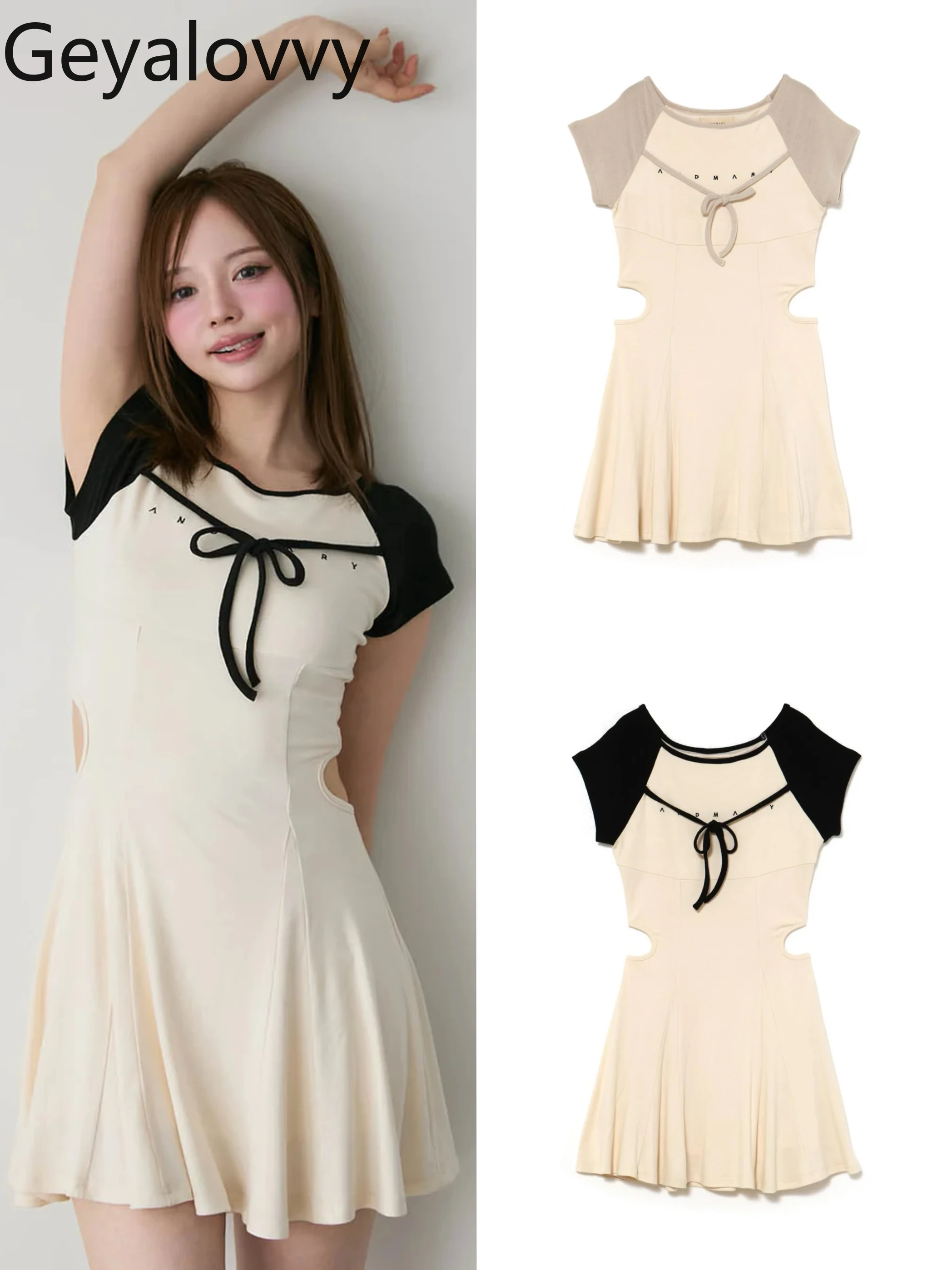 Estilo japonês emenda rendas carta bordado senhora vestido de manga curta femme 2025 novos vestidos casuais elegantes femininos