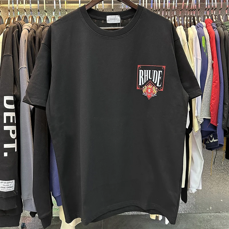 26SS New Trendy Printed Pure Cotton Casual Rhude Short Sleeved Men's Women's Trendy Multi Functional Tops